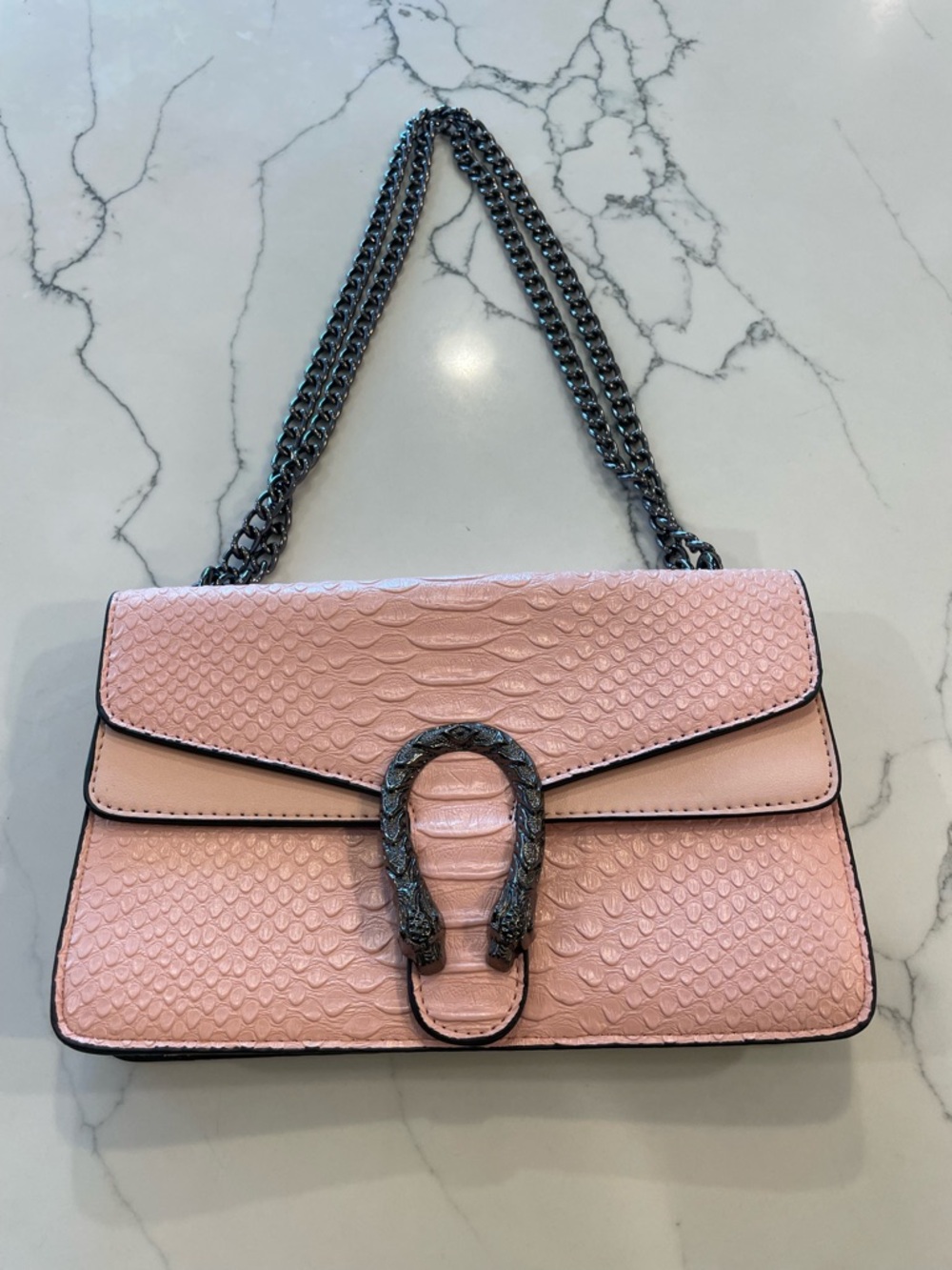 Pink Snake Skin Printed Textured Flap Crossbody Bag with Chain Strap